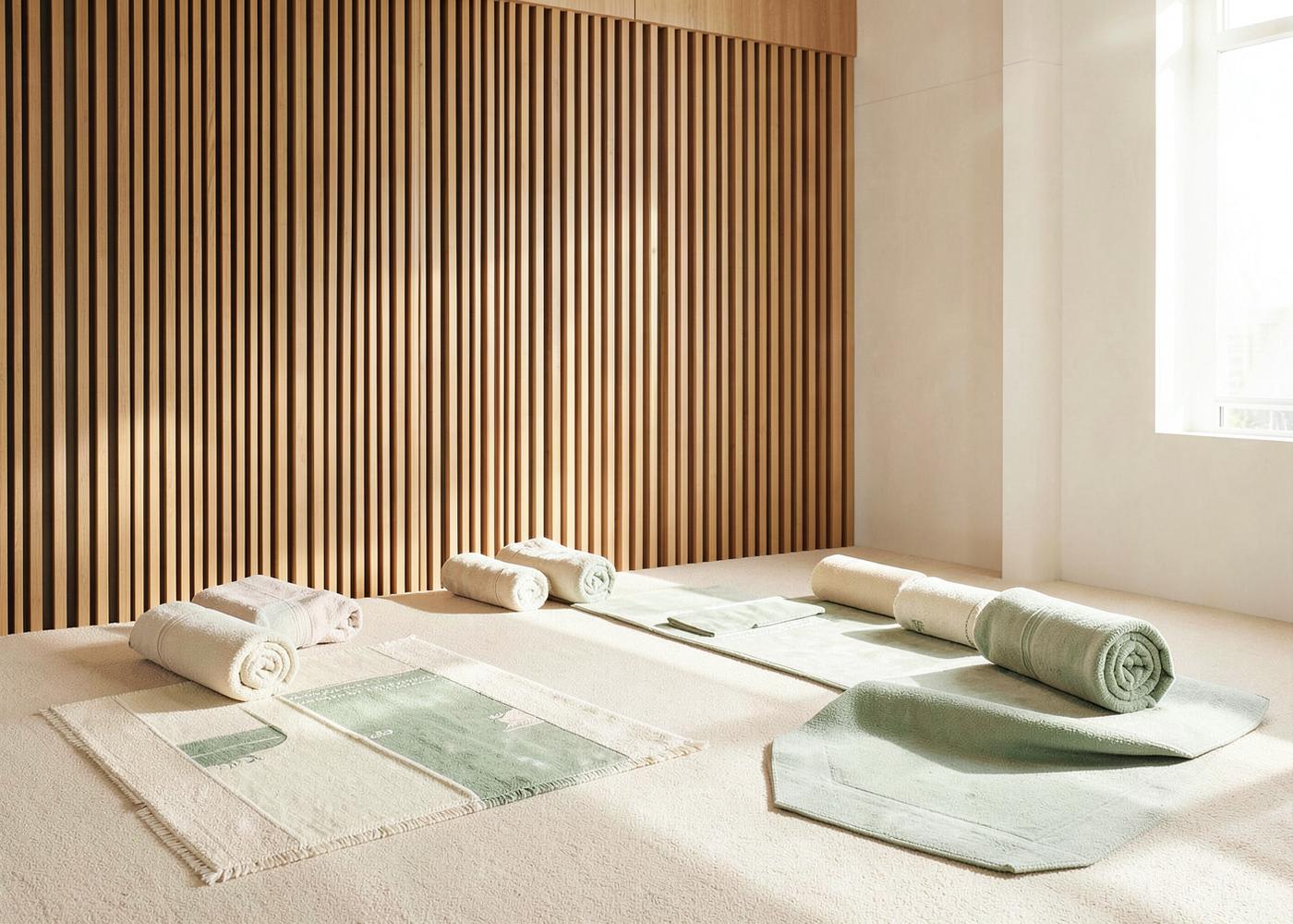 A simple, sunlit prayer space with prayer rugs